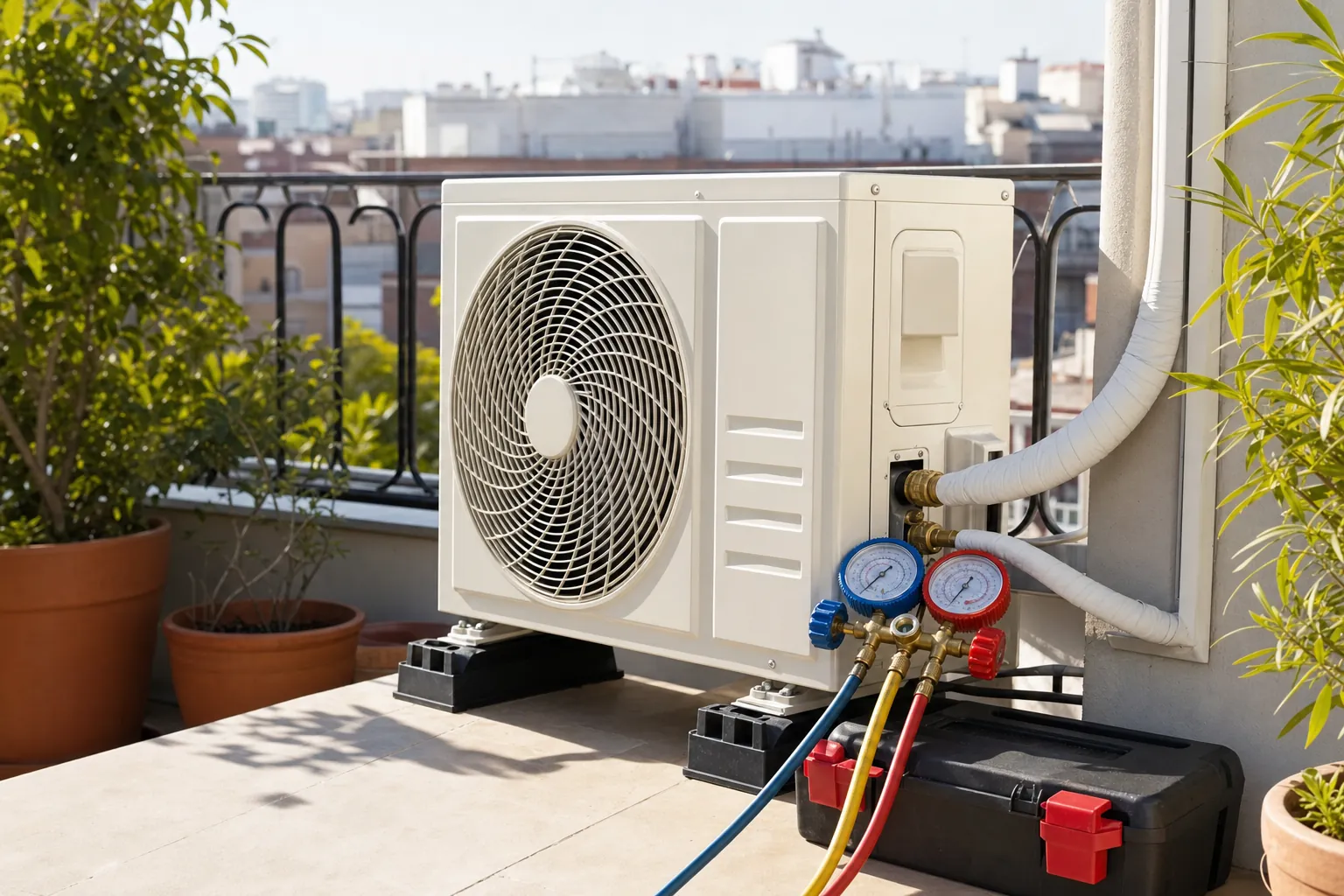 Unidad exterior de aire acondicionado en una terraza de Madrid con manómetros de refrigeración junto al equipo