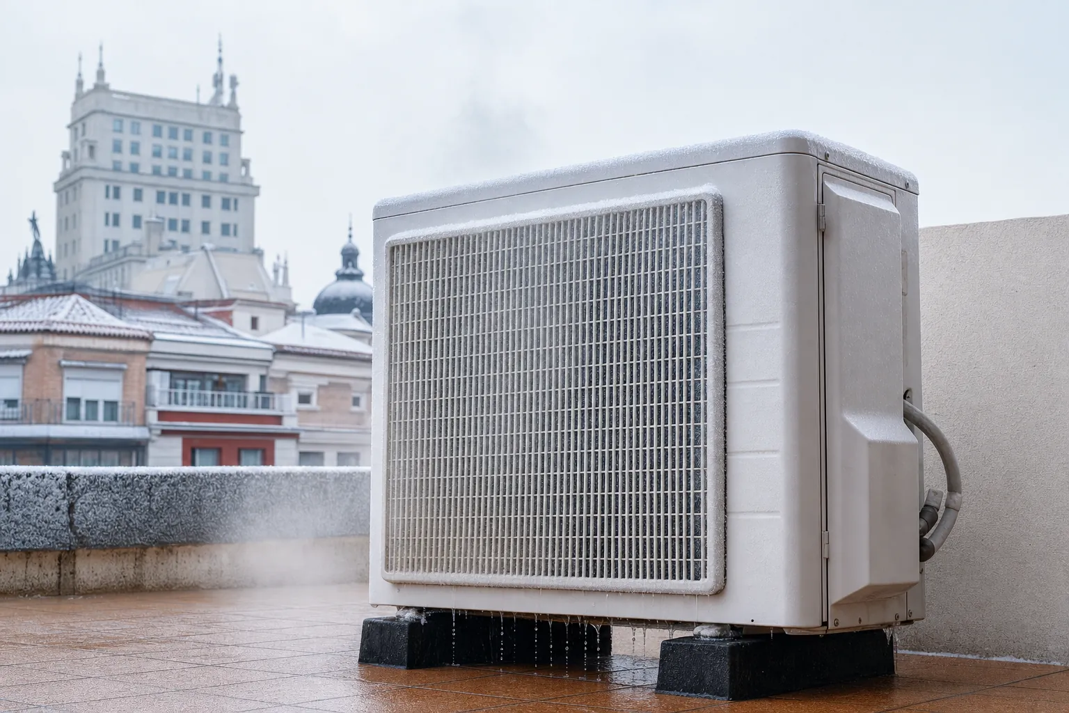Unidad exterior de bomba de calor con escarcha y vapor durante el desescarche en una terraza de Madrid